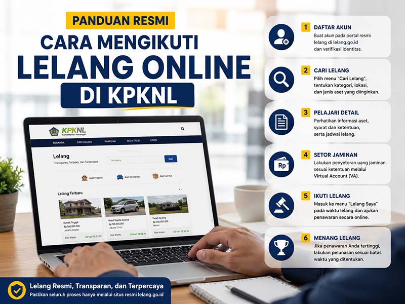 Infografis panduan resmi langkah-langkah mengikuti lelang secara online melalui portal resmi Direktorat Jenderal Kekayaan Negara (DJKN) Kementerian Keuangan di situs lelang.go.id. (FOTO : Dok. Istimewa/LT)