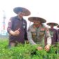 Kabid Humas Polda Jambi Kombes Pol. Mulia Prianto Bersama Pj Bupati Muaro Jambi Bachyuni Deliansyah saat Hadiri Panen Cabe Merah di Talang Kerinci. FOTO : HMS