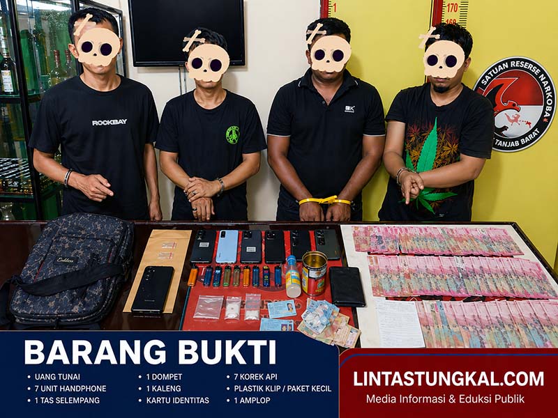 RINGKUS PENGEDAR: Empat Orang jaringan narkoba wilayah Betara saat diamankan di Mapolres Tanjab Barat beserta barang bukti sabu, ganja, dan uang tunai jutaan rupiah. (FOTO: Dok. Humas Polres Tanjab Barat)
