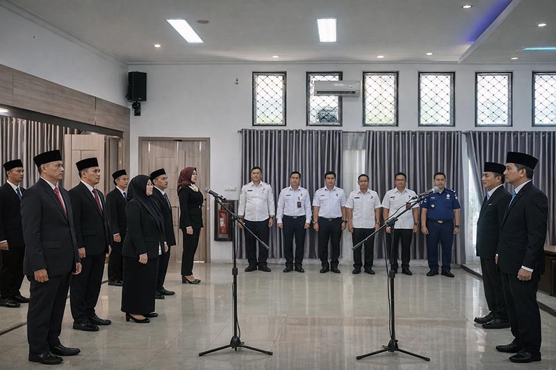 MOMEN PENGAMBILAN SUMPAH: Sejumlah pejabat administrator dan pengawas di lingkungan Pemerintah Kabupaten Muaro Jambi saat mengikuti prosesi pelantikan dan pengambilan sumpah jabatan, Rabu (1/4). Pelantikan ini merupakan bagian dari penguatan struktur birokrasi untuk meningkatkan akselerasi pelayanan publik. (FOTO : Dok. HMS)