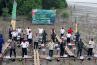 FOTO : Kegiatan penanaman Mangrove di Pelabuhan Roro Kuala Tungkal Desa Tungkal 1 Kec. Tungkal Ilir Kab. Tanjab Barat, Provinsi Jambi oleh Danrem 042/Gapu, Brigjen TNI M. Zulkifli bersama Gubernur Jambi Fachori Umar, Bupati Tanjab Barat Dr. H. Safrial beserta Kapolda Jambi Irjen Pol Drs. Firman Shantyabudi dan Staf Khusus Menteri LHK Bidang Koordinasi Jaringan LSM dan Analisa Dampak Lingkungan Ir. Hanni Adiati melaksanakan penanaman Mangrove di Pelabuhan Roro Kuala Tungkal Desa Tungkal 1 Kec. Tungkal Ilir Kab. Tanjab Barat, Provinsi Jambi, Senin (03/08/20)