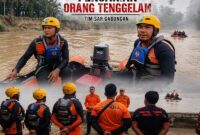 Tim SAR Gabungan yang terdiri dari personel Pos SAR Bungo, BPBD Tebo, dan unsur terkait melakukan penyisiran di aliran Sungai Batanghari, Desa Bungo Tanjung, Tebo Ulu (19/4/2026). Pencarian intensif dilakukan menggunakan perahu karet (LCR) guna menemukan keberadaan Agil (12) yang dilaporkan hanyut terseret arus saat mandi bersama rekan-rekannya. (FOTO : Dok. Humas SAR Jambi)