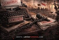 BELENGGU NALAR KRITIS: Ilustrasi yang menggambarkan ancaman terhadap kebebasan berpendapat menyusul pernyataan Presiden Prabowo Subianto yang berencana "menertibkan" para pengamat. Penggunaan instrumen negara untuk memantau suara kritis dikhawatirkan akan membungkam nalar publik dan menarik mundur demokrasi Indonesia ke era otoritarianisme. (GRAFIS: LINTASTUNGKAL.COM)