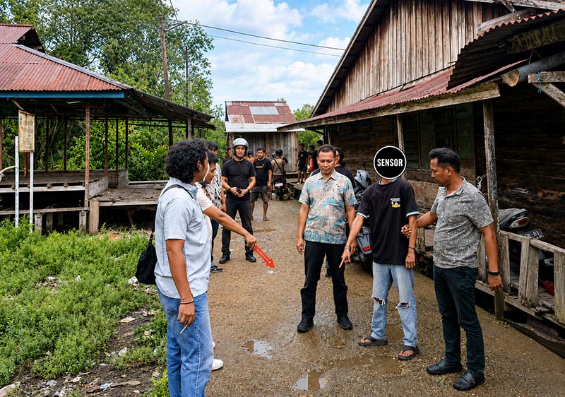Pelaku DI (25) saat diamankan oleh Tim Opsnal Satreskrim Polres Tanjab Barat di kawasan Pasar Sialang setelah nekat menikam dada rekan seprofesinya akibat berebut antrean perahu penyeberangan, Jumat (29/5/2026). (Foto: Dok. Res Tanjab Barat)
