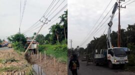 PLN yang hampir roboh di RT 15 Desa Bram Itam Raya, Kecamatan Bram Itam Teribas Pekerjaan Pembuatan Taman oleh Dinas Perkim. FOTO : Ist/Net/PLNN