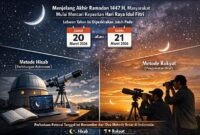 Hisab vs Rukyat. Gambar di atas merangkum dasar penentuan Lebaran 1447 H di Indonesia. Sisi kiri menunjukkan metode Hisab yang mengandalkan presisi data astronomi, sementara sisi kanan menunjukkan metode Rukyat yang mengandalkan verifikasi visual hilal sesuai dalil hadis Nabi SAW. (FOTO : LINTASTUNGKAL)