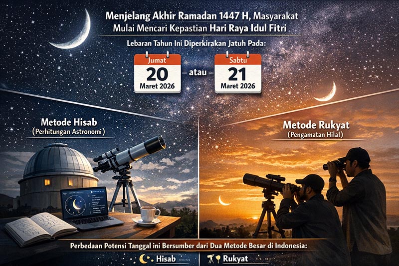 Hisab vs Rukyat. Gambar di atas merangkum dasar penentuan Lebaran 1447 H di Indonesia. Sisi kiri menunjukkan metode Hisab yang mengandalkan presisi data astronomi, sementara sisi kanan menunjukkan metode Rukyat yang mengandalkan verifikasi visual hilal sesuai dalil hadis Nabi SAW. (FOTO : LINTASTUNGKAL)