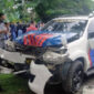 Kendaraan Dinas Sat PJR mengalami kecelakaan di kawasan Jl. Agus Salim Kelurahan Handil Jaya, depan Poltekkes Kota Jambi, Rabu (19/1/22).