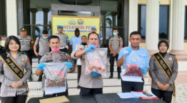 FOTO : Kapolres AKBP Guntur didampingi Wakapolres Kompol Wirmanto Dinata dan Kasat Reskrim AKP Jan Manto Hasiholan,SH, S.IK Mengangkat Samepl BB saat Memberikan Pres Rilis Kepada Wartawan di Mapolres, Selasa (24/03/20).