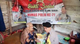 Kasi Humas AKP Amradi dan anggota saat Memyerahkan Paket Sembako Kepada Warga. FOTO : Humas PMJ
