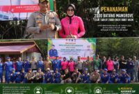 Dirpolairud Polda Jambi Kombes Pol Dhovan Oktavianton, Dirkrimum Polda Jambi Kombes Pol Jimmy Christian Samma, Kapolres Tanjab Barat AKBP Maulia Kuswicaksono, dan Dandim 0419/Tanjab Letkol Inf Zulhiardi foto bersama jajaran serta Bhayangkari usai aksi penanaman 2.000 batang mangrove dan penebaran 2.000 ekor bibit ikan di Kawasan Wisata Mangrove Pantai Kelapa, Desa Tungkal I, Tanjab Barat, Kamis (28/5/2026). Kegiatan ini digelar dalam rangka memperingati Hari Bhayangkara ke-80. (Foto: Dok. Humas Polres Tanjab Barat)