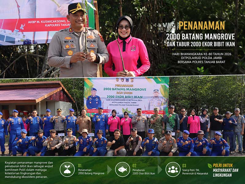 Dirpolairud Polda Jambi Kombes Pol Dhovan Oktavianton, Dirkrimum Polda Jambi Kombes Pol Jimmy Christian Samma, Kapolres Tanjab Barat AKBP Maulia Kuswicaksono, dan Dandim 0419/Tanjab Letkol Inf Zulhiardi foto bersama jajaran serta Bhayangkari usai aksi penanaman 2.000 batang mangrove dan penebaran 2.000 ekor bibit ikan di Kawasan Wisata Mangrove Pantai Kelapa, Desa Tungkal I, Tanjab Barat, Kamis (28/5/2026). Kegiatan ini digelar dalam rangka memperingati Hari Bhayangkara ke-80. (Foto: Dok. Humas Polres Tanjab Barat)