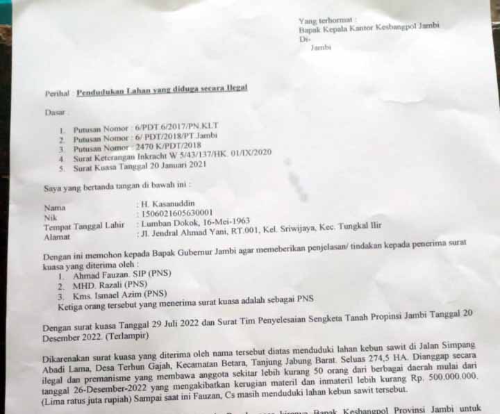 Surat yang ditujukan ke Kesbangpol Propinsi Jambi. FOTO : Ist