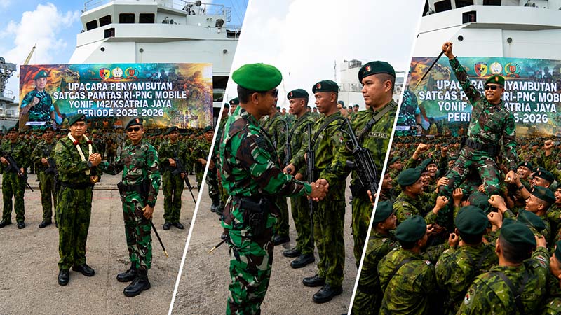 Tadisi penyambutan dan aksi kegembiraan ini spontan dilakukan 450 prajurit TNI AD dari Yonif 142/Ksatria Jaya setelah berhasil menyelesaikan misi operasi Satgas Pengamanan Perbatasan (Pamtas) RI-PNG Mobile di wilayah Papua selama setahun dan kembali ke homebase dalam kondisi aman serta personel lengkap di Pelabuhan Boom Baru, Palembang, Kamis (4/6/2026). (Foto: Penrem 042/Gapu)