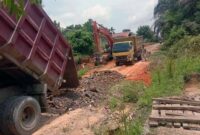 PT LPPPI dan PT WKS Timbun Jalan di Desa Teluk Pengkah Tampak Truk dan Alat Berat Diturunkan ke Lokasi. FOTO : Istimewa  