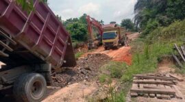 PT LPPPI dan PT WKS Timbun Jalan di Desa Teluk Pengkah Tampak Truk dan Alat Berat Diturunkan ke Lokasi. FOTO : Istimewa

