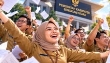 ILUSTRASI : Terlihat Sekelompok PPPK dengan Seragam Cokelat Khas Instansi Pemerintah (Khaki) Mengekspresikan Rasa Syukur dan Kebahagiaan yang Mendalam. (FOTO : Dok. Istimewa AI)