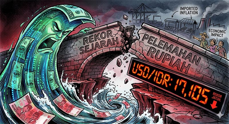 BADAI KURS: Ilustrasi yang menggambarkan nilai tukar Rupiah yang jebol menembus angka psikologis Rp17.105 per dolar AS pada April 2026. Pelemahaan ini mencatatkan rekor sejarah baru, melampaui titik terendah pada krisis moneter 1998, dan memicu kekhawatiran akan lonjakan inflasi impor (imported inflation) serta dampak ekonomi luas bagi masyarakat. (Sumber: Dok. LINTASTUNGKAL.COM)
