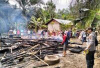 Penampakan Puing-Puing Rumah Panggung Milik Abdul Sani Warga Dusun Kepala bedah, Kelurahan Mampun, Kecamatan Tabir Ludes Terbakar Saat Ditinggal ke Kebun, Senin (24/7/23). FOTO : Res Merangin