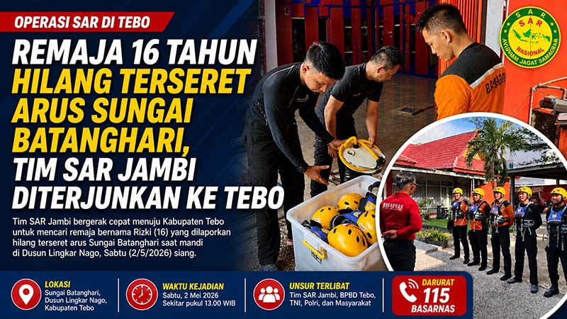 im SAR Jambi bergerak cepat menuju Kabupaten Tebo untuk mencari remaja bernama Rizki (16) yang dilaporkan hilang terseret arus Sungai Batanghari saat mandi di Dusun Lingkar Nago, Sabtu (2/5/2026) siang. (GRAFIS : LT)