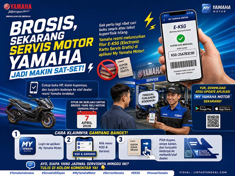 INOVASI DIGITAL YAMAHA: Infografis mengenai peluncuran fitur E-KSG (Electronic Kartu Servis Gratis) pada aplikasi My Yamaha Motor. Fitur yang resmi berlaku bagi pembelian motor mulai 7 April 2026 ini memungkinkan konsumen melakukan klaim servis gratis tanpa perlu membawa buku manual atau kupon fisik, cukup melalui pemindaian kode di smartphone. (FOTO : Dok.Istimewa/LT)