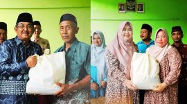 Bupati Tanjab Barat, H. Anwar Sadat didampingi Ketua TP PKK, Umi Hj. Fadilah Sadat Membagikan paket bantuan sembako kepada warga di 3 (tiga) desa wilayah Kecamatan Betara, yakni Desa Bunga Tanjung, Desa Serdang Jaya, dan Desa Terjun Gajah, Kamis (4/9/25). FOTO : DOKPIM
