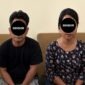 Dua orang terduga pelaku peredaran narkotika jenis sabu berinisial KM (kiri) dan CT (kanan) saat diamankan setelah diringkus oleh Satresnarkoba Polres Muaro Jambi di Desa Nyogan, Kecamatan Mestong, Kabupaten Muaro Jambi. (Foto: Dok. Polres Muaro Jambi)