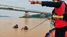 Tim Penyelamat (Rescue) Basarnas Jambi melakukan koordinasi dari atas perahu karet saat dua personel penyelam menyisir aliran Sungai Batanghari di Desa Rantau Kapas Mudo, Tembesi, Batang Hari, Jambi, Kamis (15/10/2026). (FOTO : Humas BASARNAS Jambi)