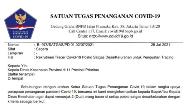 Satgas Covid-19 Buka Rekrutmen Tracer Covid-19 Posko Satgas Desa/Kelurahan 11 Provinsi. FOTO : Potongan Susat Satgas Covid-19