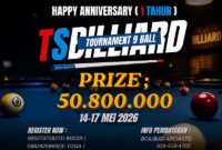 THE WAIT IS OVER! 
Merayakan hari jadi yang ke-1, TS Billiard mempersembahkan turnamen paling bergengsi tahun ini: TS Billiard Tournament 9 Ball! 🥳
Ajang pembuktian bagi para pebiliar berbakat untuk memperebutkan total hadiah fantastis: TOTAL PRIZE: Rp50.800.000,-(FOTO : Dok. Istimewa/Lintastungkal)