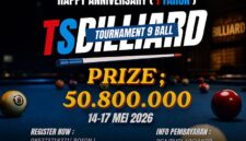 THE WAIT IS OVER! 
Merayakan hari jadi yang ke-1, TS Billiard mempersembahkan turnamen paling bergengsi tahun ini: TS Billiard Tournament 9 Ball! 🥳
Ajang pembuktian bagi para pebiliar berbakat untuk memperebutkan total hadiah fantastis: TOTAL PRIZE: Rp50.800.000,-(FOTO : Dok. Istimewa/Lintastungkal)