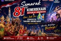 Pemerintah Kabupaten Tanjung Jabung Barat resmi merilis poster rangkaian kegiatan Semarak HUT ke-81 Kemerdekaan RI dan Hari Jadi ke-61 Kabupaten Tanjung Jabung Barat yang akan berlangsung sepanjang Agustus 2026 di Kuala Tungkal, Jambi. (Foto: Dok. Pemkab Tanjab Barat / Lintastungkal.com)