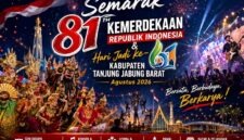 Pemerintah Kabupaten Tanjung Jabung Barat resmi merilis poster rangkaian kegiatan Semarak HUT ke-81 Kemerdekaan RI dan Hari Jadi ke-61 Kabupaten Tanjung Jabung Barat yang akan berlangsung sepanjang Agustus 2026 di Kuala Tungkal, Jambi. (Foto: Dok. Pemkab Tanjab Barat / Lintastungkal.com)