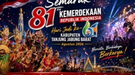 Pemerintah Kabupaten Tanjung Jabung Barat resmi merilis poster rangkaian kegiatan Semarak HUT ke-81 Kemerdekaan RI dan Hari Jadi ke-61 Kabupaten Tanjung Jabung Barat yang akan berlangsung sepanjang Agustus 2026 di Kuala Tungkal, Jambi. (Foto: Dok. Pemkab Tanjab Barat / Lintastungkal.com)