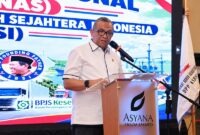 Wamenaker, Afriansyah Noor, memberikan sambutan saat menghadiri Rapat Kerja Nasional (Rakernas) Konfederasi Serikat Buruh Sejahtera Indonesia (KSBSI) Tahun 2026 di Jakarta. (FOTO : Dok. Biro Humas Kemnaker)
