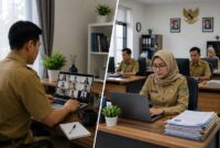 Ilustrasi fleksibilitas sistem kerja jarak jauh (WFH) dan kerja dari kantor (WFO) yang diterapkan bagi pegawai pemerintah. Sebagian (50%) ASN Kerja di Rumah dan ASN Kerja di Kantor demi mendorong efisiensi operasional negara. (FOTO: Dok. Istimewa)