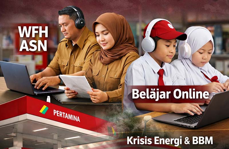Foto ini merangkum potret kebijakan transisi energi kita tahun 2026: Merumahkan jutaan orang demi menjaga pasokan Pertamina. Pengamat memperingatkan risiko learning loss pada anak sekolah dan matinya ekosistem UMKM di sekitar perkantoran yang kehilangan pembeli harian. Penghematan BBM mungkin tercapai, tapi siapa yang menanggung biaya tagihan listrik dan kuota internet warga yang membengkak selama di rumah? (FOTO : LINTASTUNGKAL.COM)