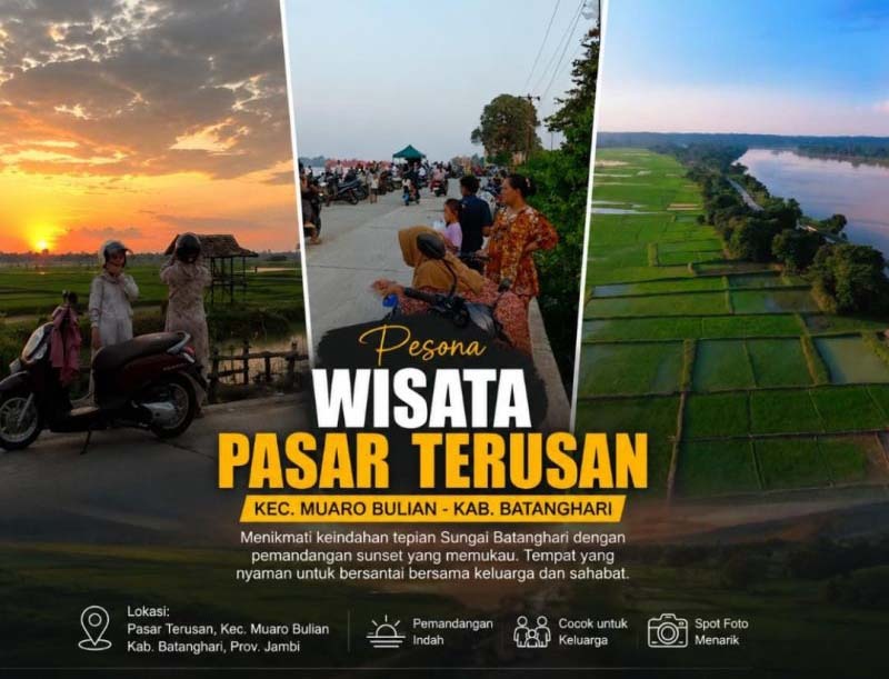 Suasana aktivitas pengunjung saat bersantai di tepi Sungai Batanghari, kawasan Wisata Pasar Terusan, Kecamatan Muaro Bulian, Kabupaten Batanghari, Jambi. (FOTO : Dok. Ari Yusuf/LintasTungkal.com)