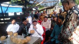 Wamentan Harvick Hasnul Qolbi didampingi Bupati H Anwar Sadat, Sekretaris Jenderal STII H Iqbal Sayuti dan H Husairi Staf Ahli Gubernur berbincang dengan Petani Kelapa Dalam di Tanjab Barat, Selasa (22/8/23) FOTO : LT