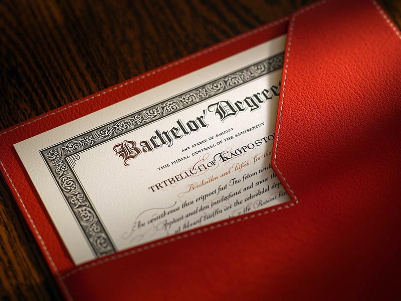 Sebuah Ilustrasi Ijazah di dalalm Map Merah. FOTO : Desain AI