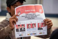 Petugas KPPS menunjukan surat suara pemilihan calon presiden dan wakil presiden yang sudah tercoblos saat penghitungan suara pilpres pada Pemilu 2024 di TPS 03 Braga, Sumurbandung di Bandung, Jawa Barat, Rabu (14/2/2024). Perolehan suara pilpres 2024 di TPS tersebut dimenangkan oleh pasangan 03 Ganjar-Mahfud dengan jumlah 88 suara disusul pasangan 02 Prabowo-Gibran memperoleh sebanyak 53 suara dan pasangan 01 Anis-Muhaimin memperoleh sebanyak 22 suara. ANTARA FOTO/M Agung Rajasa/YU