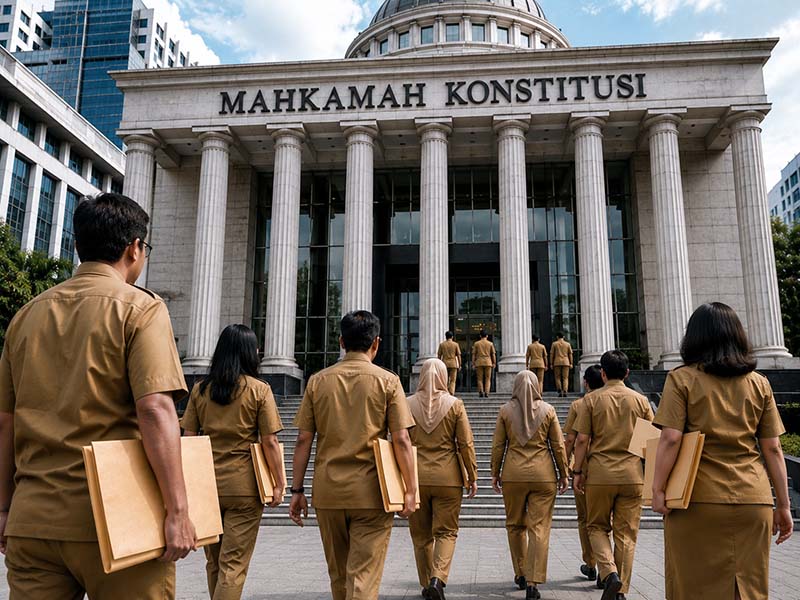 Sejumlah Aparatur Sipil Negara (ASN) yang tergabung dalam Forum Solidaritas Mobilitas Karier (Fosmik) berjalan bersama menuju Gedung Mahkamah Konstitusi (MK) di Jakarta untuk mendaftarkan permohonan Judicial Review (JR). Mereka secara resmi menggugat regulasi Kementerian PANRB dan BKN terkait aturan 
